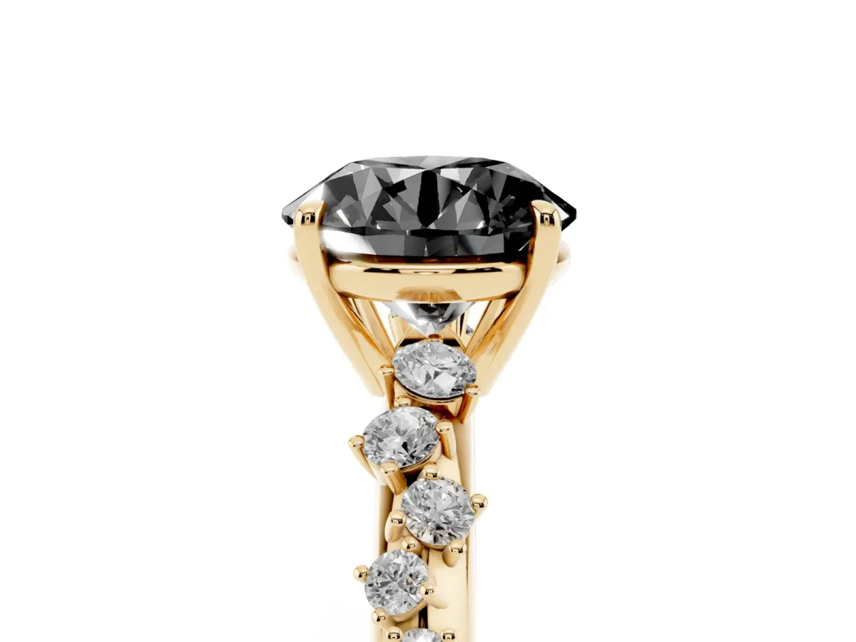 Fancy Black Round Cut Diamond Cluster Side Stone Solitaire Ring with Prong Setting Yellow gold
