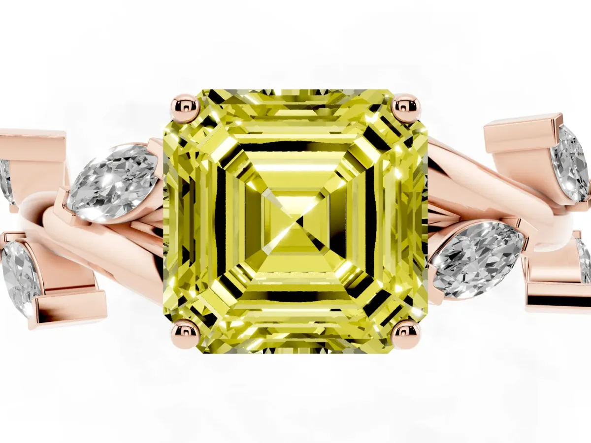 Fancy Yellow Asscher Cut Solitaire Twisted Band Marquise Accent Prong Setting Ring Rose gold