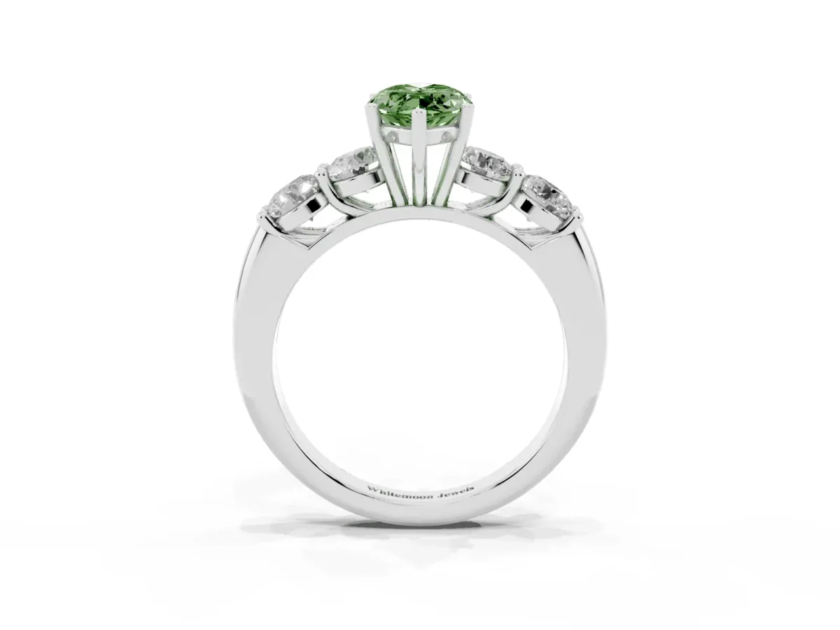 Fancy Green Marquise Cut Cut Five-Stone Prong Set Diamond Ring with Classic Band Silver