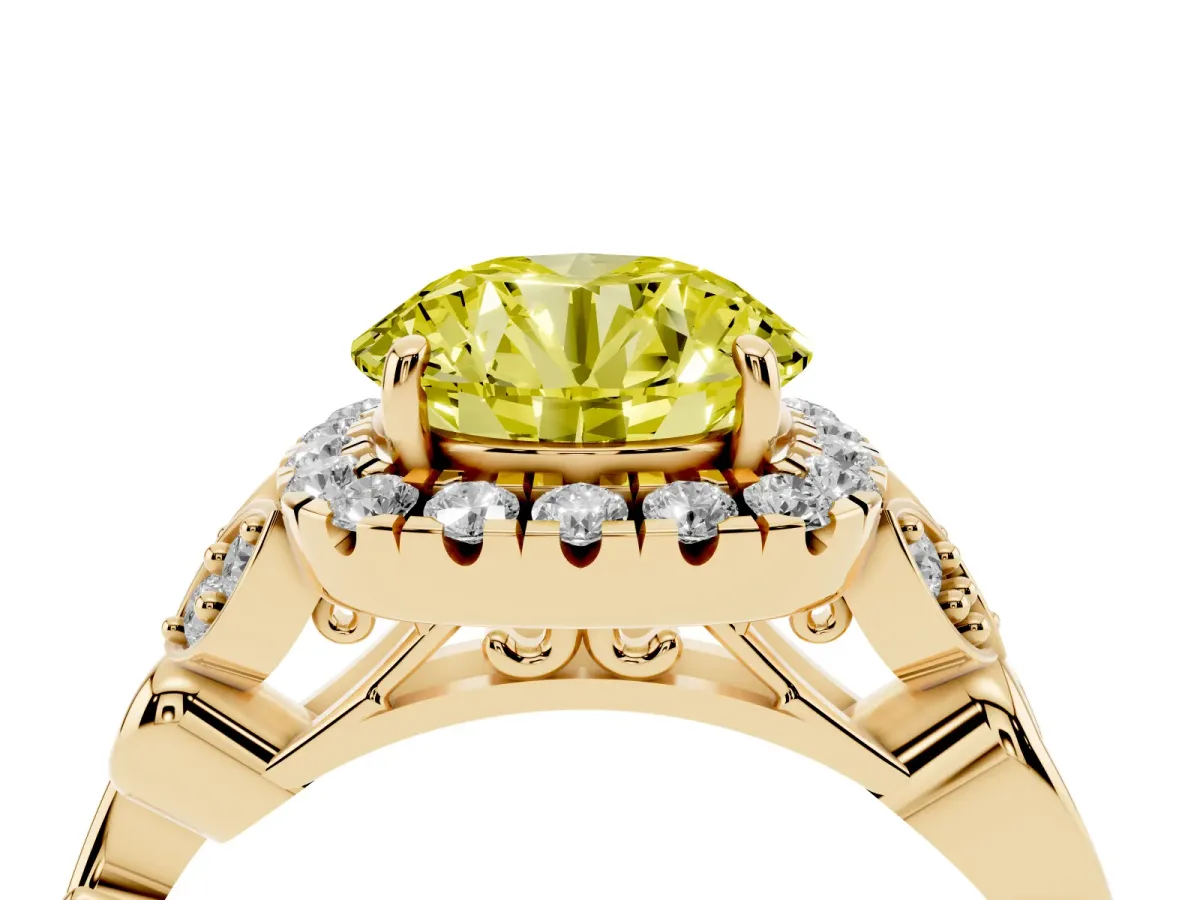 Fancy Yellow Round Cut Halo Diamond Engagement Ring with Vintage-Inspired Band and Four-Prong Setting Yellow gold