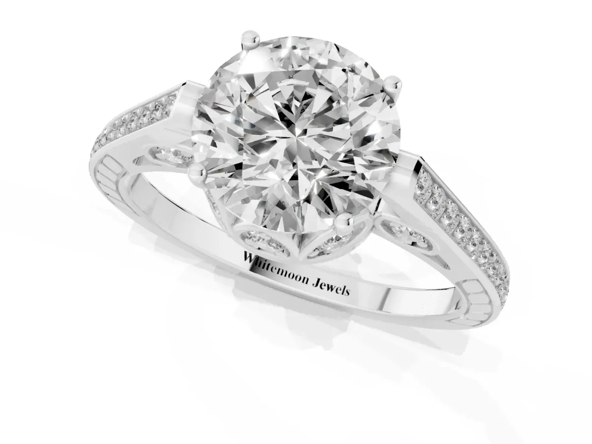Round Cut Cut Cathedral Pave Diamond Engagement Ring with Six-Prong Setting Platinum