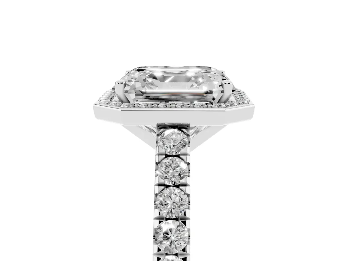 Asscher Cut Cut Halo Diamond Engagement Ring with Pave Band and Four-Prong Setting White gold