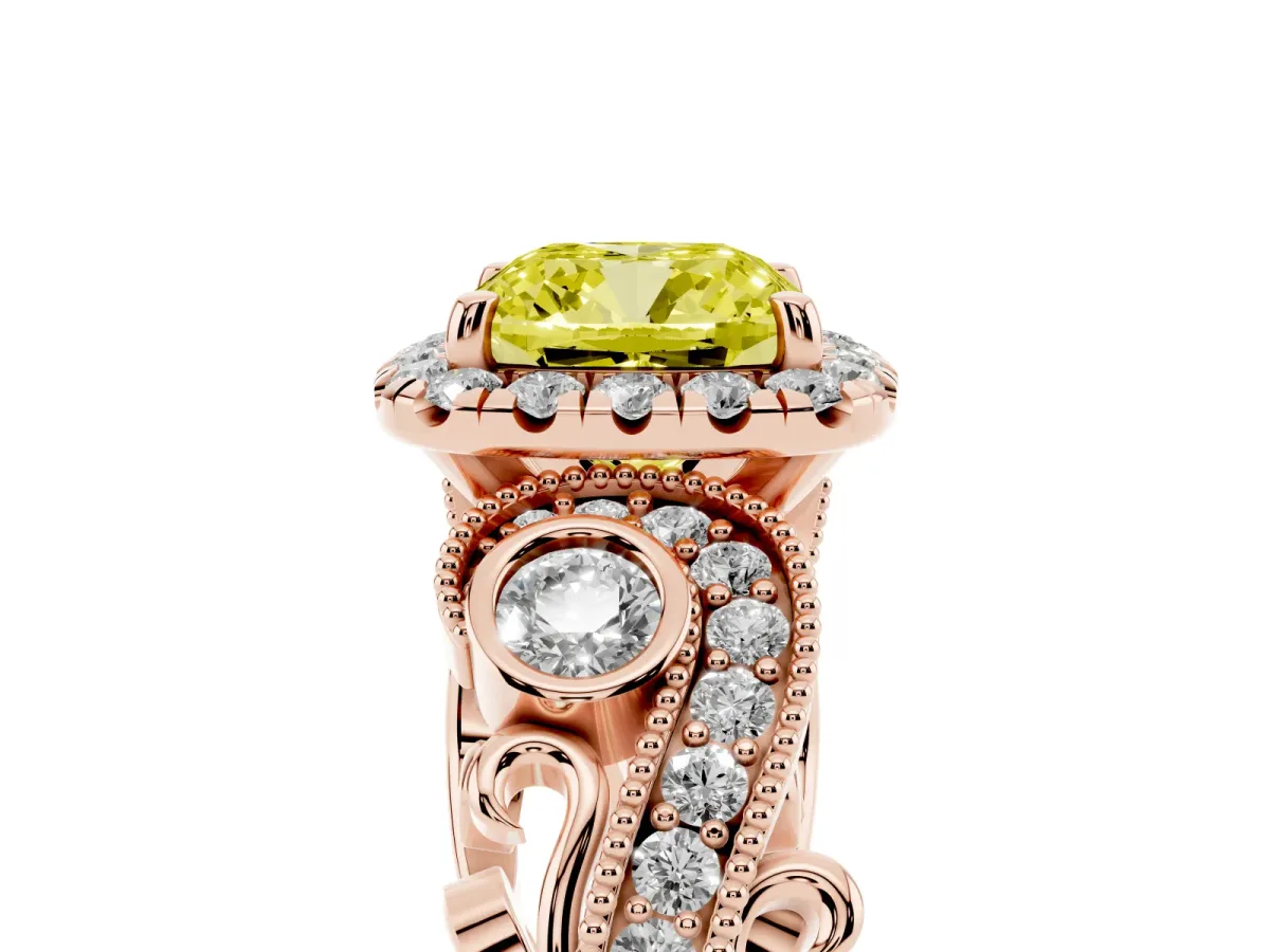 Fancy Yellow Cushion Cut Diamond Halo Ring with Milgrain Pavé Band and Four-Prong Setting Rose gold