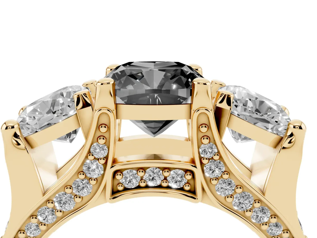 Fancy Black Cushion Cut Diamond Three-Stone Ring with Channel Set Band and Four-Prong Setting Yellow gold