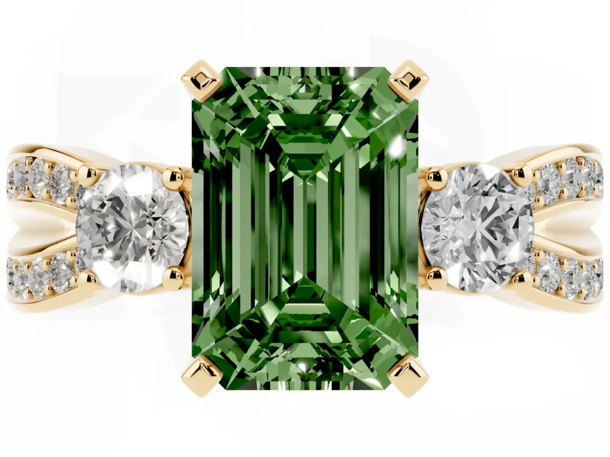 Fancy Green Three-Stone Emerald Cut Cut Diamond Twist Band with Prong Setting Yellow gold