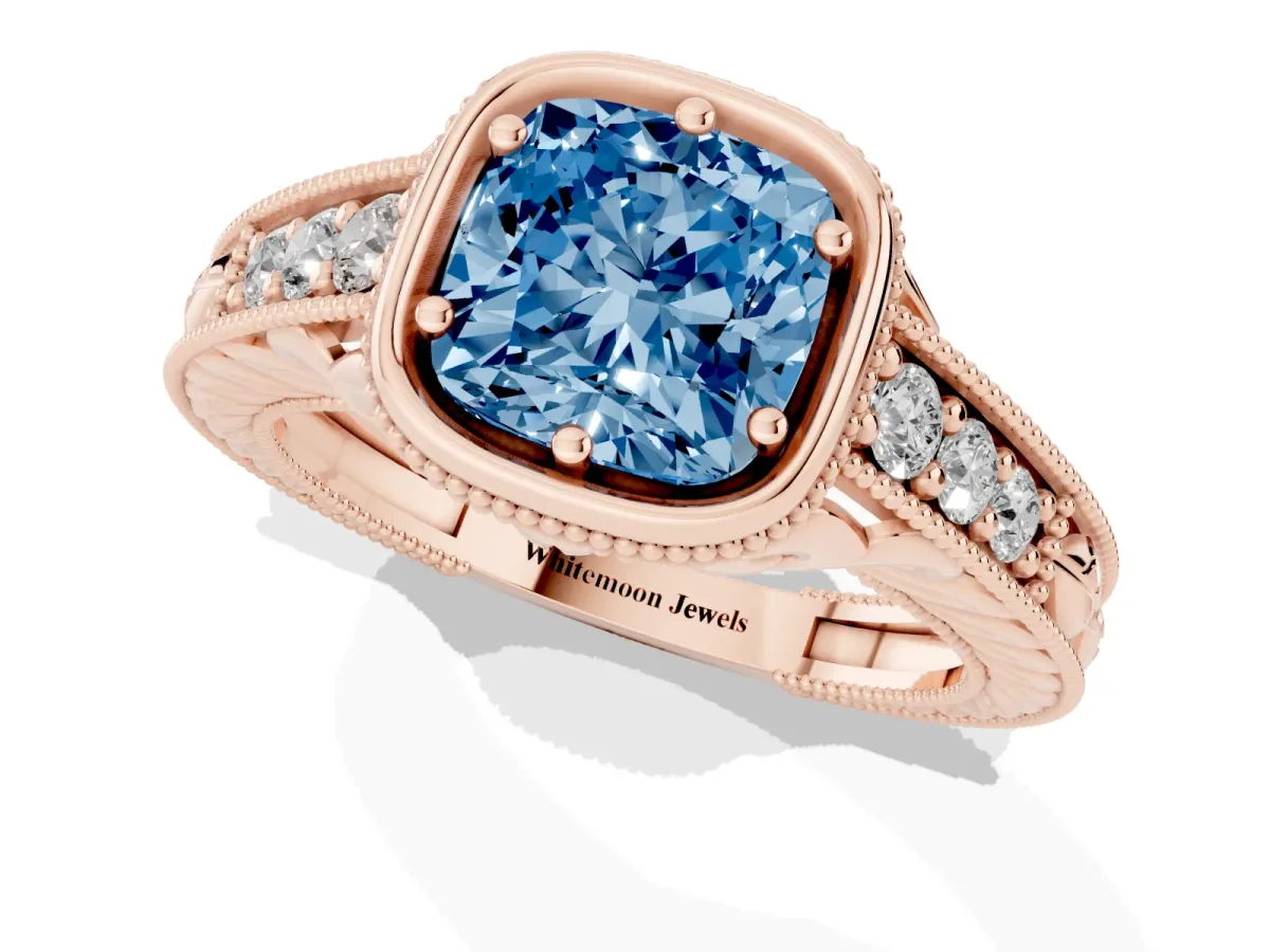 Fancy Blue Bezel Set Cushion Cut Diamond Milgrain Pave Engagement Ring Rose gold