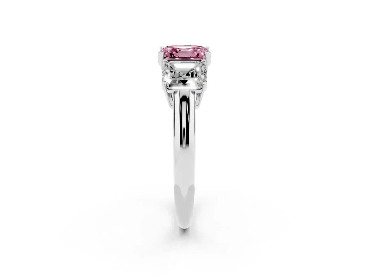 Fancy Pink Three-Stone Asscher Cut Cut Diamond Engagement Ring with Prong Setting on a White Gold Band Platinum