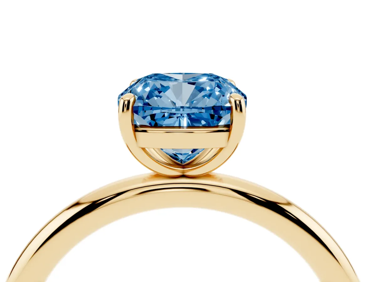 Fancy Blue Cushion Cut Solitaire Diamond Ring with Four-Prong Setting on a Plain Band Yellow gold