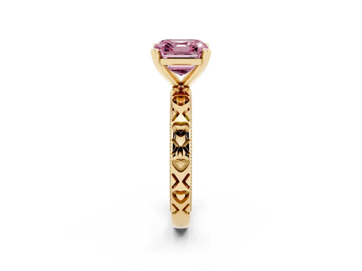 Fancy Pink Asscher Cut Solitaire Diamond Engagement Ring with XO Engraved Band and Four-Prong Setting Yellow gold
