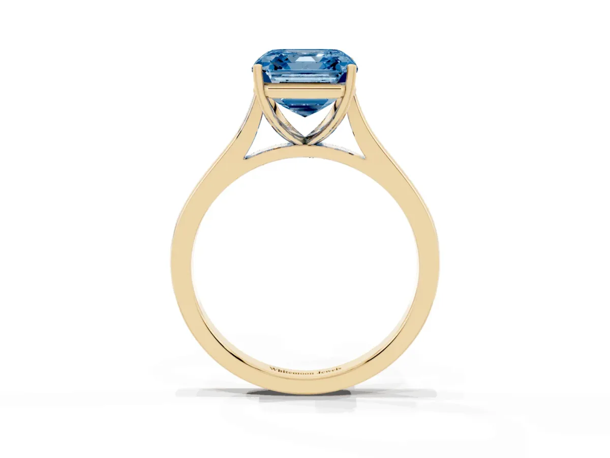 Fancy Blue Asscher Cut Solitaire Heart Prong Engagement Ring with Tapered Band Yellow gold