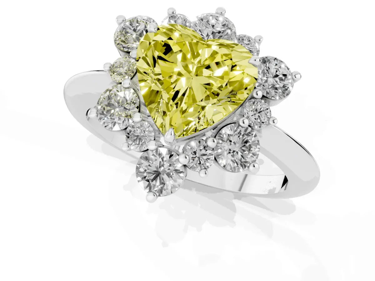 Fancy Yellow Heart Cut Diamond Cluster Halo Ring with Solitaire Band and Four-Prong Setting White gold
