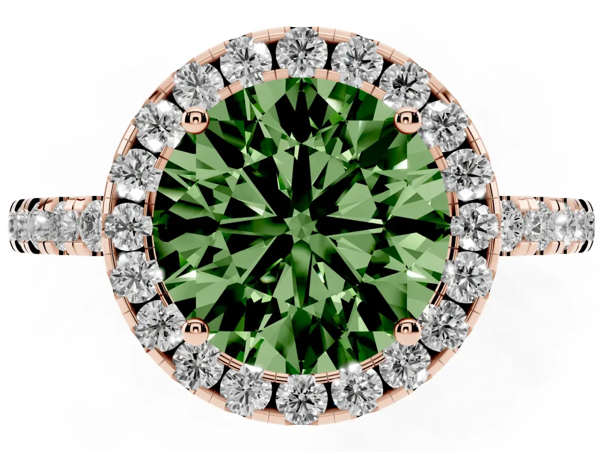 Fancy Green Round Cut Halo Diamond Engagement Ring with Pavé Band and Four-Prong Setting Rose gold