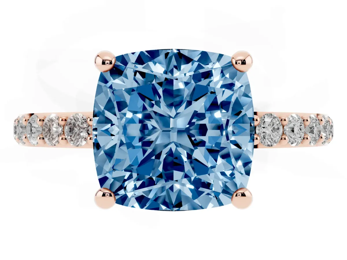 Fancy Blue Cushion Cut Diamond Solitaire Ring with Round Pavé Band and Prong Setting Rose gold