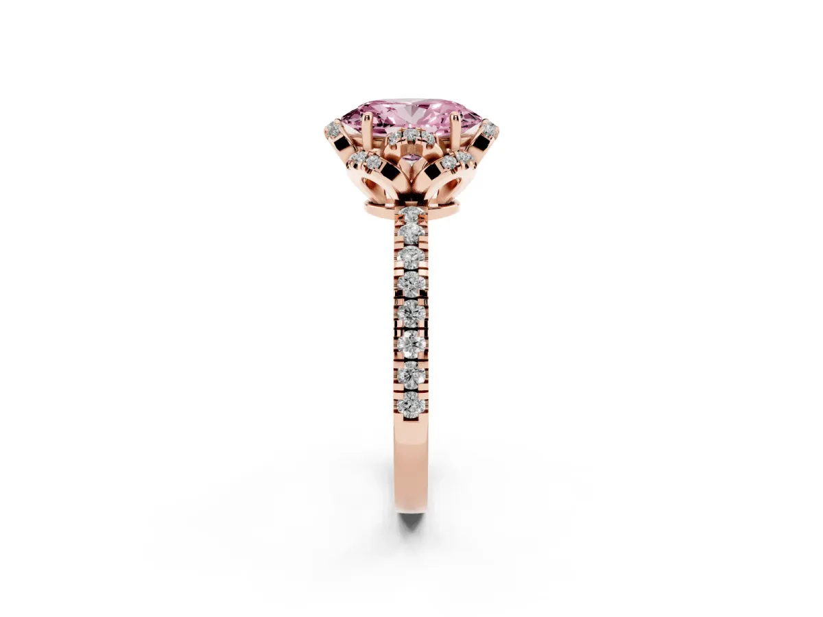 Fancy Pink Oval Cut Halo Diamond Pave Band Ring with Four-Prong Setting Rose gold