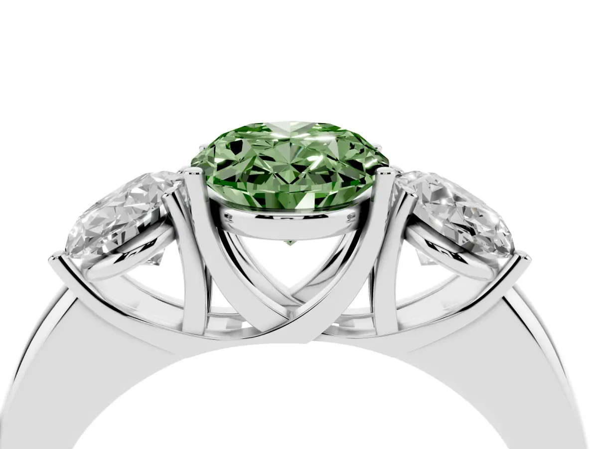 Fancy Green Oval Cut Diamond Three-Stone Ring with Four-Prong Setting and Classic Band Platinum
