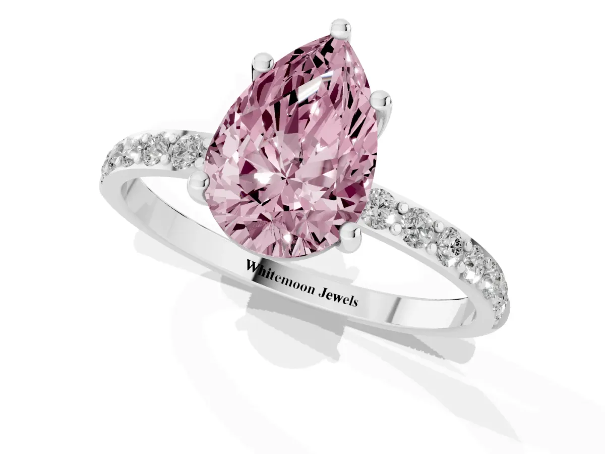 Fancy Pink Pear Cut Diamond Solitaire Ring with Round Pavé Shoulders and Prong Setting Silver