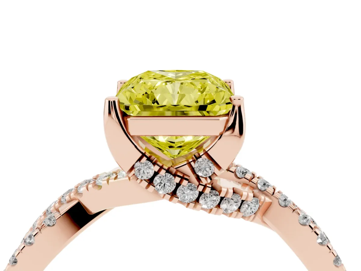 Fancy Yellow Radiant Cut Solitaire Twist Pave Diamond Engagement Ring with Prong Setting Rose gold