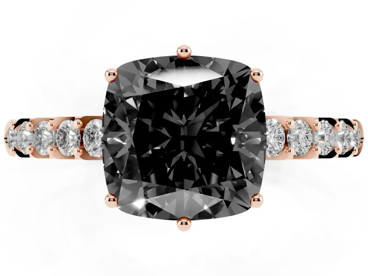 Fancy Black Cushion Cut Solitaire Diamond Engagement Ring with Pavé Band and Six-Prong Setting Rose gold