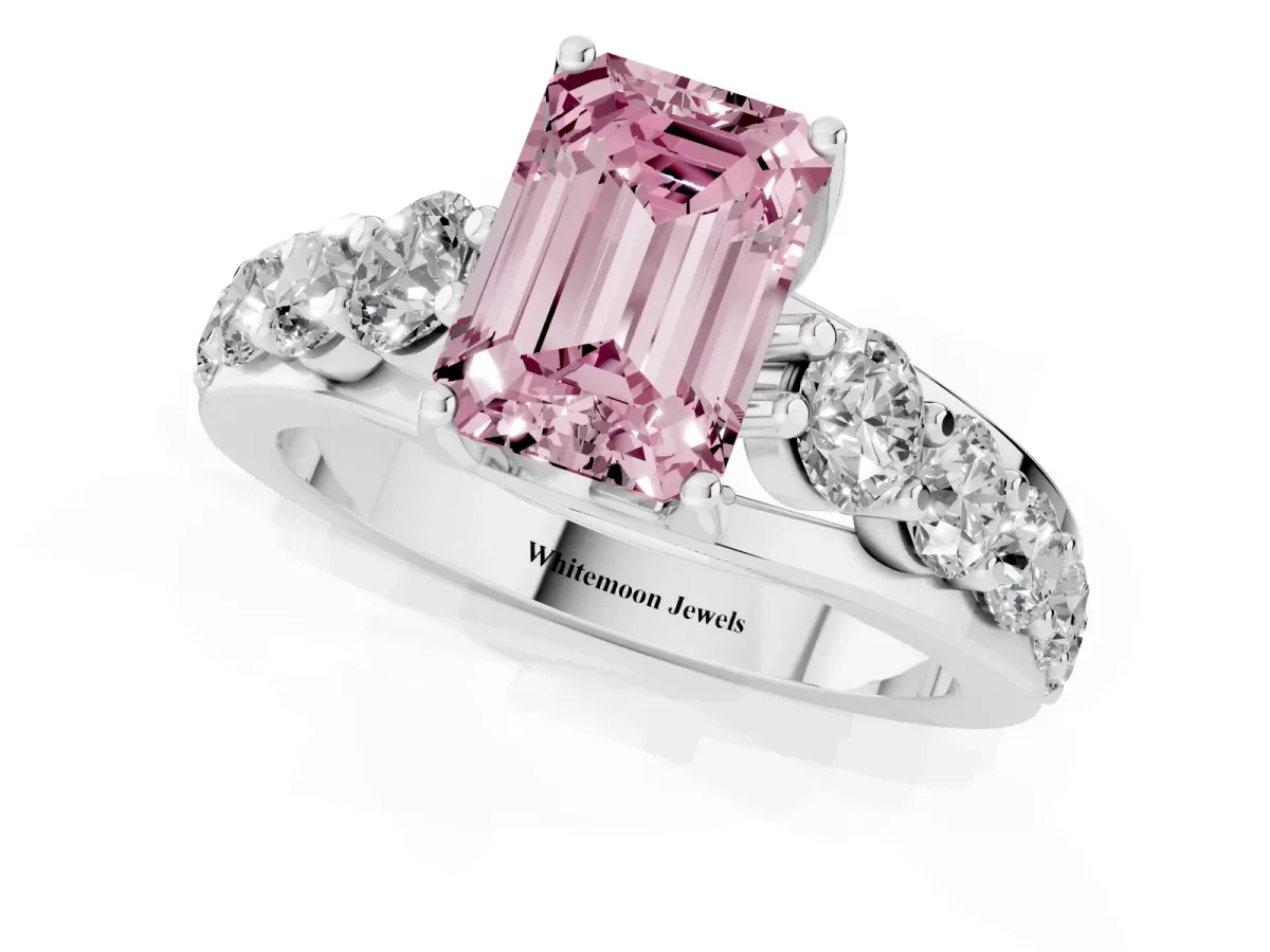 Fancy Pink Emerald Cut Diamond Engagement Ring with Pavé Band and Four-Prong Setting Silver