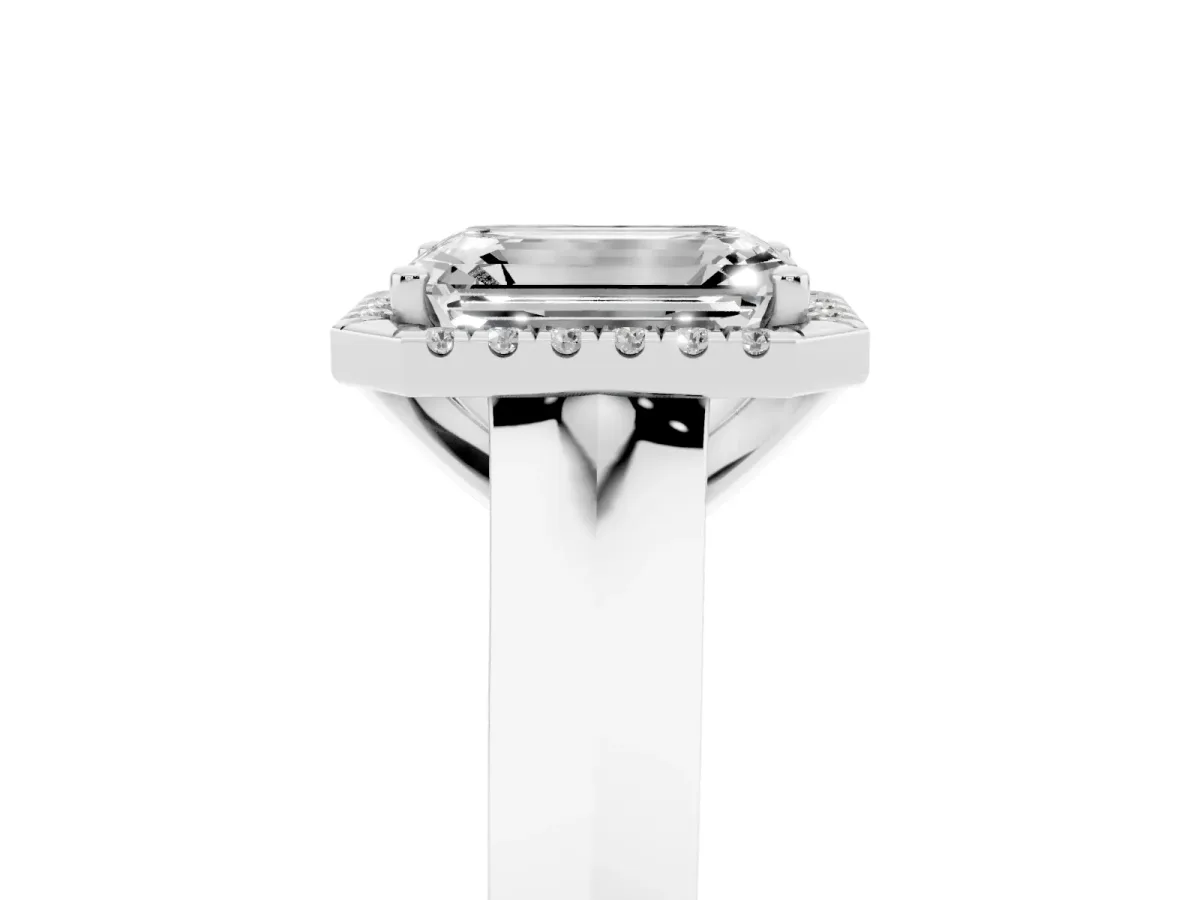 Emerald Cut Halo Diamond Ring with Cathedral Band and Four-Prong Setting White gold