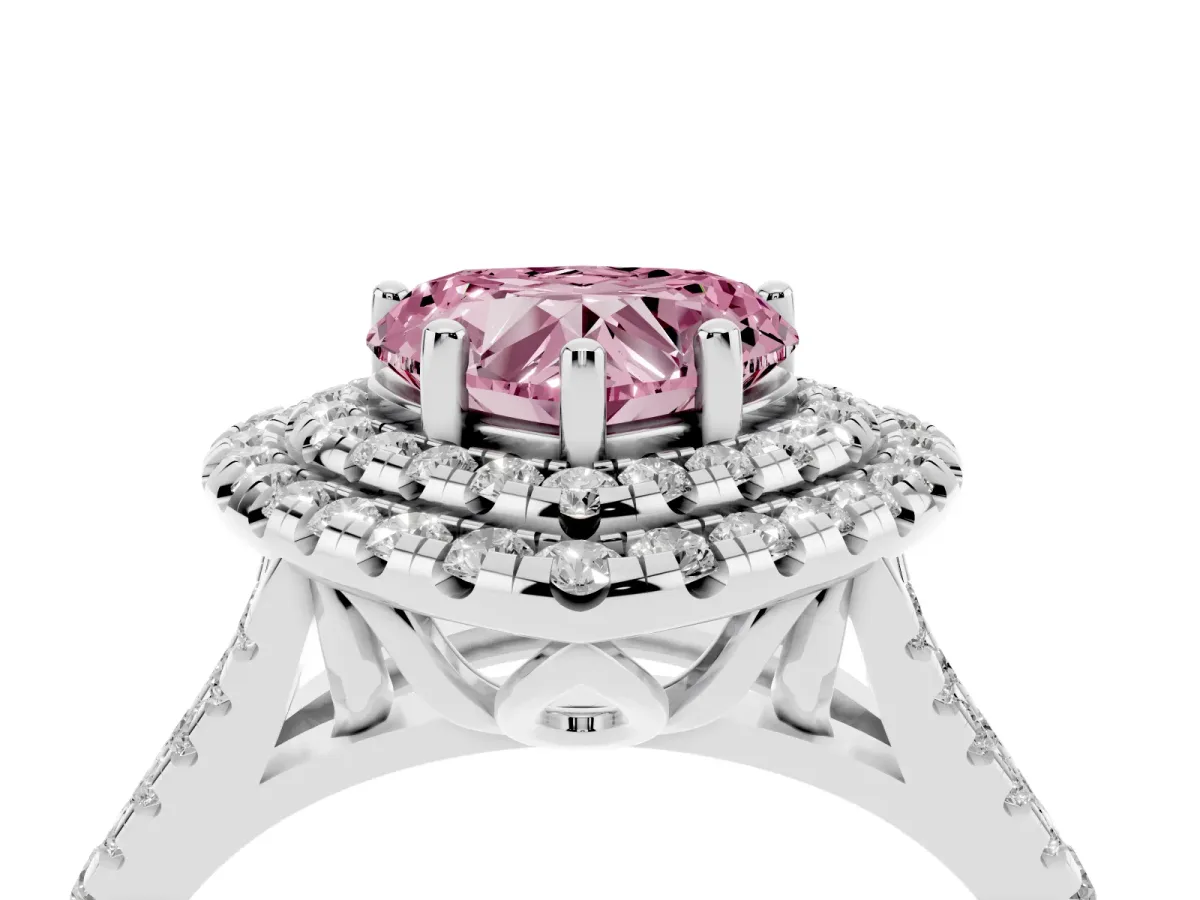 Fancy Pink Double Halo Heart Cut Diamond Pavé Split Shank Ring with Prong Setting Platinum