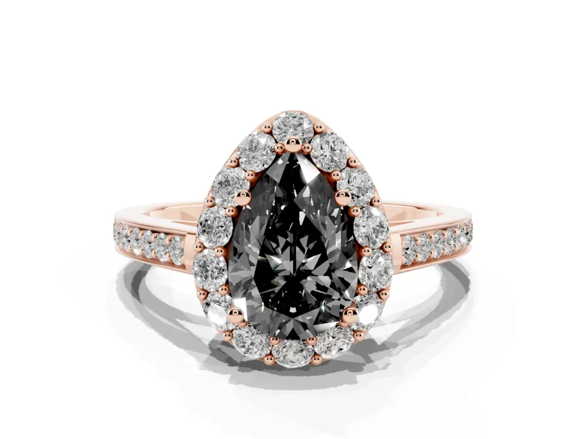 Fancy Black Pear Cut Diamond Floral Halo Ring with Pavé Band and Prong Setting Rose gold