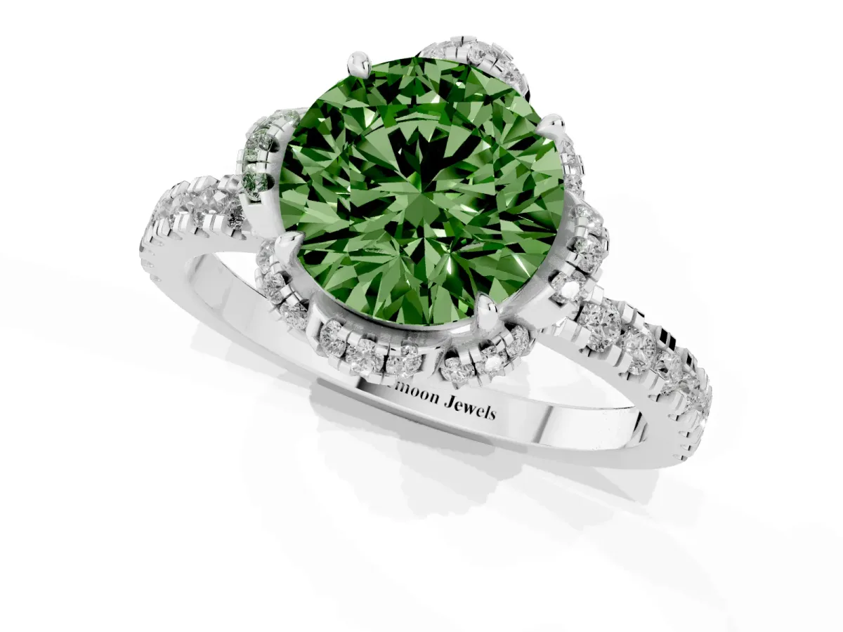 Fancy Green Round Cut Diamond Halo Pave Band with Four-Prong Setting Silver