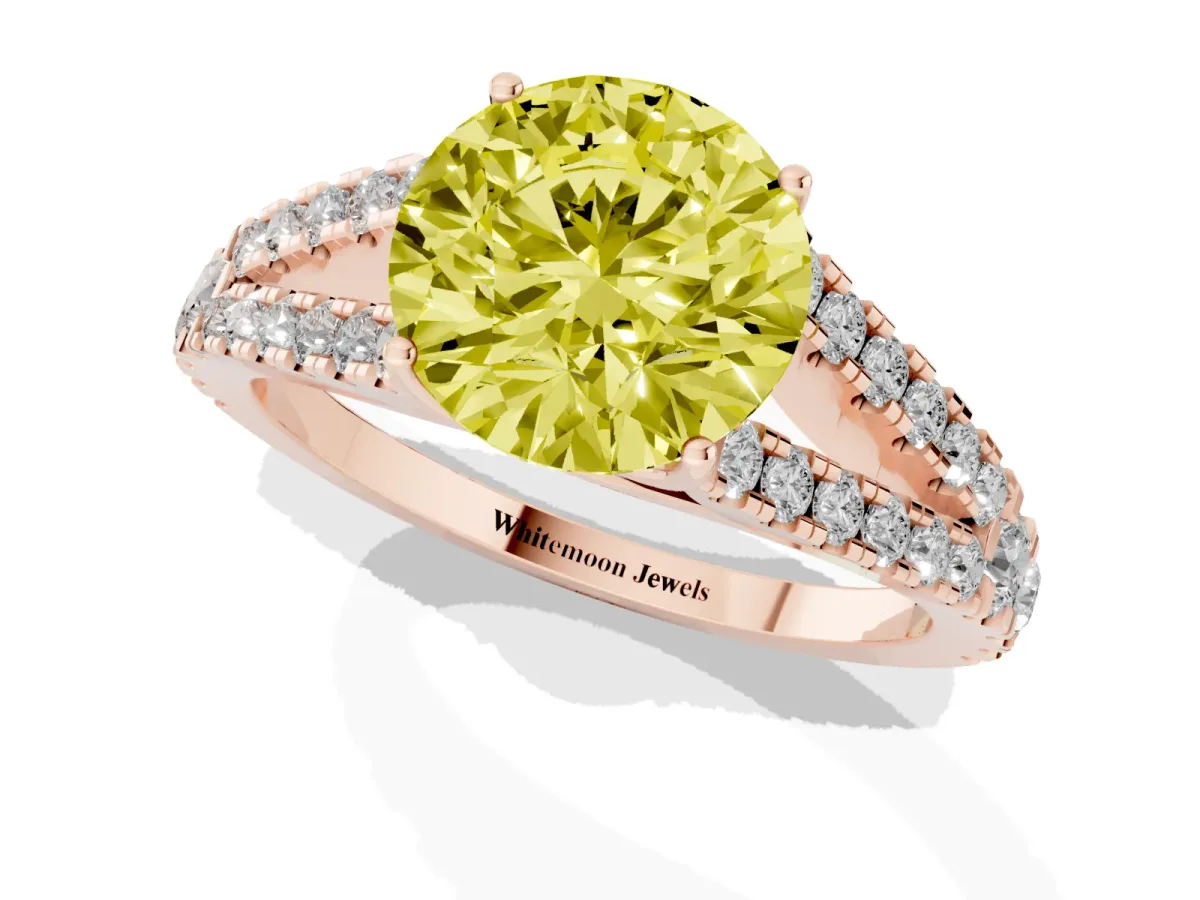 Fancy Yellow Round Cut Diamond Split Shank Pavé Engagement Ring with Four-Prong Setting Rose gold
