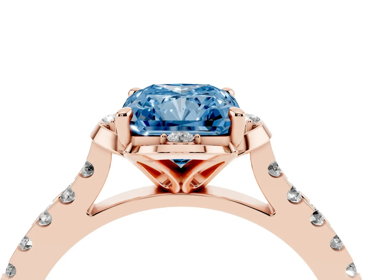 Fancy Blue Radiant Cut Diamond Ring with Pavé Band and Floral Prong Setting Rose gold