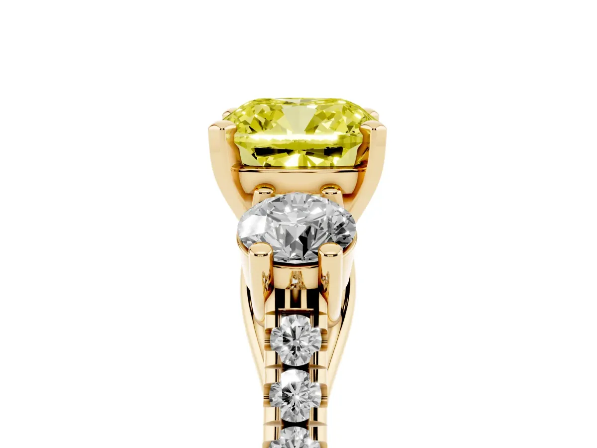 Fancy Yellow Three-Stone Cushion Cut Diamond Pavé Band with Four-Prong Setting Yellow gold