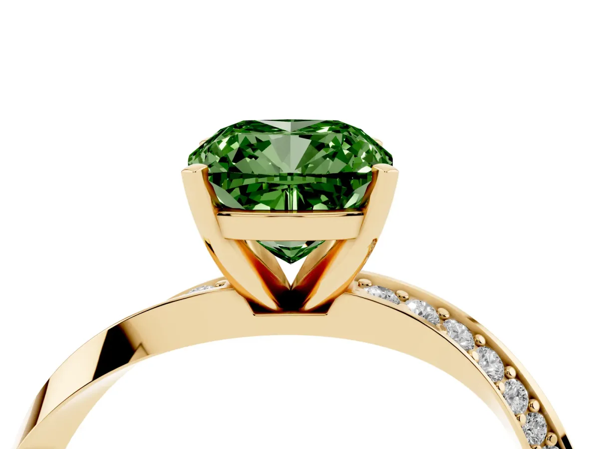 Fancy Green Cushion Cut Diamond Engagement Ring with Side Stone Accents and Four-Prong Setting Yellow gold