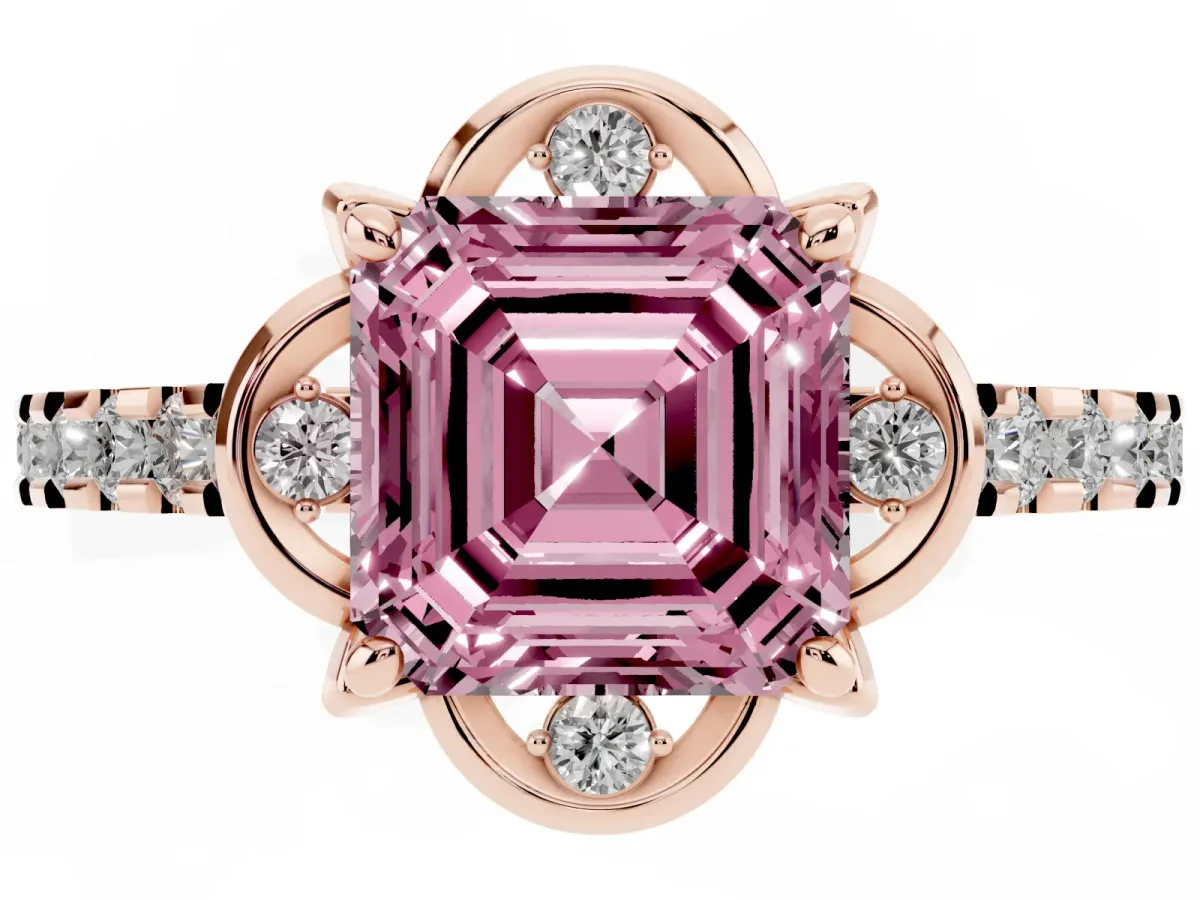 Fancy Pink Asscher Cut Diamond Ring with Pavé Band and Floral Prong Setting Rose gold