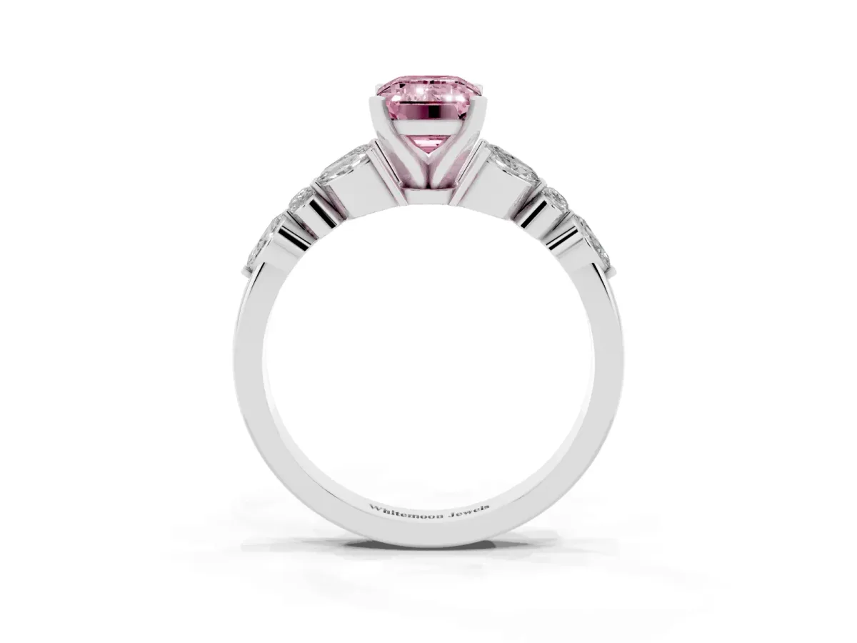 Fancy Pink Emerald Cut Diamond Solitaire Ring with Side Stones and Four-Prong Setting Silver