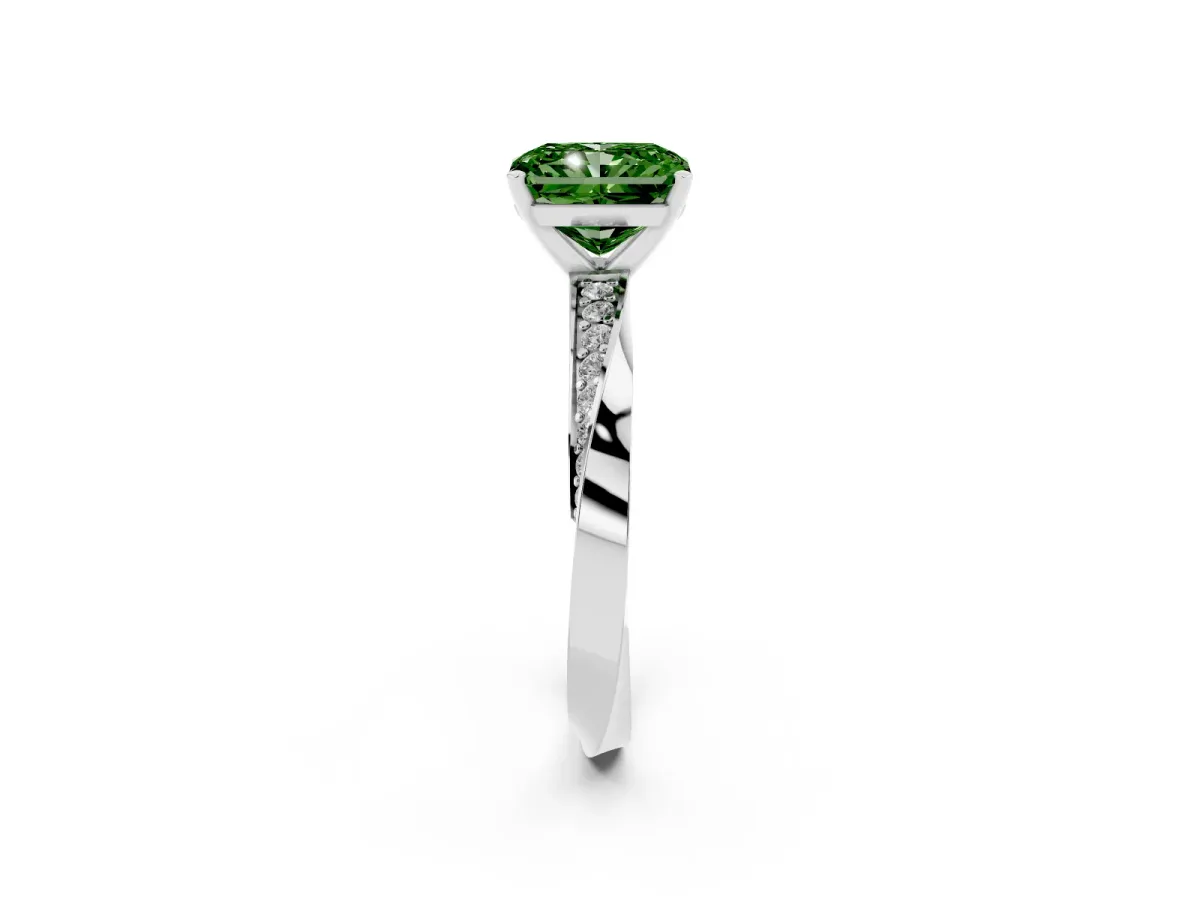 Fancy Green Radiant Cut Diamond Engagement Ring with Side Stone Accents and Four-Prong Setting Platinum