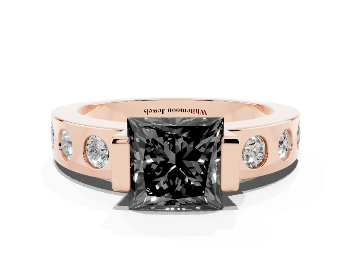 Fancy Black Princess Cut Brilliant Channel-Set Diamond Ring with Bezel Prong Setting Rose gold