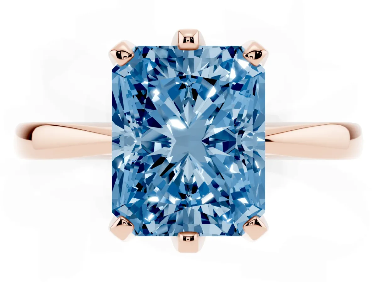 Fancy Blue Radiant Cut Solitaire Engagement Ring with Six-Prong Setting and Tapered Band Rose gold