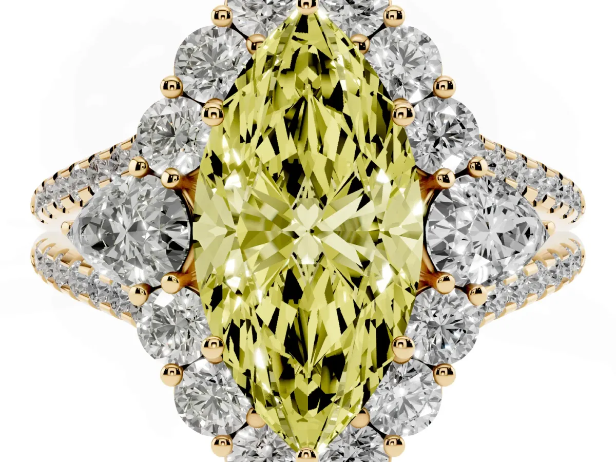 Fancy Yellow Marquise Cut Halo Split Shank Diamond Engagement Ring with Prong Setting Yellow gold