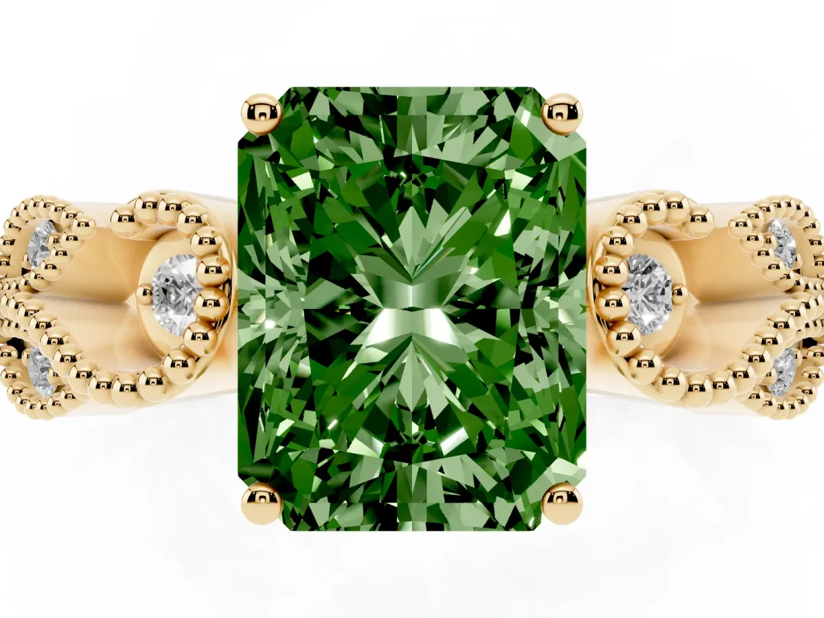 Fancy Green Princess Cut Solitaire Milgrain Leaf Band with Prong Setting Yellow gold