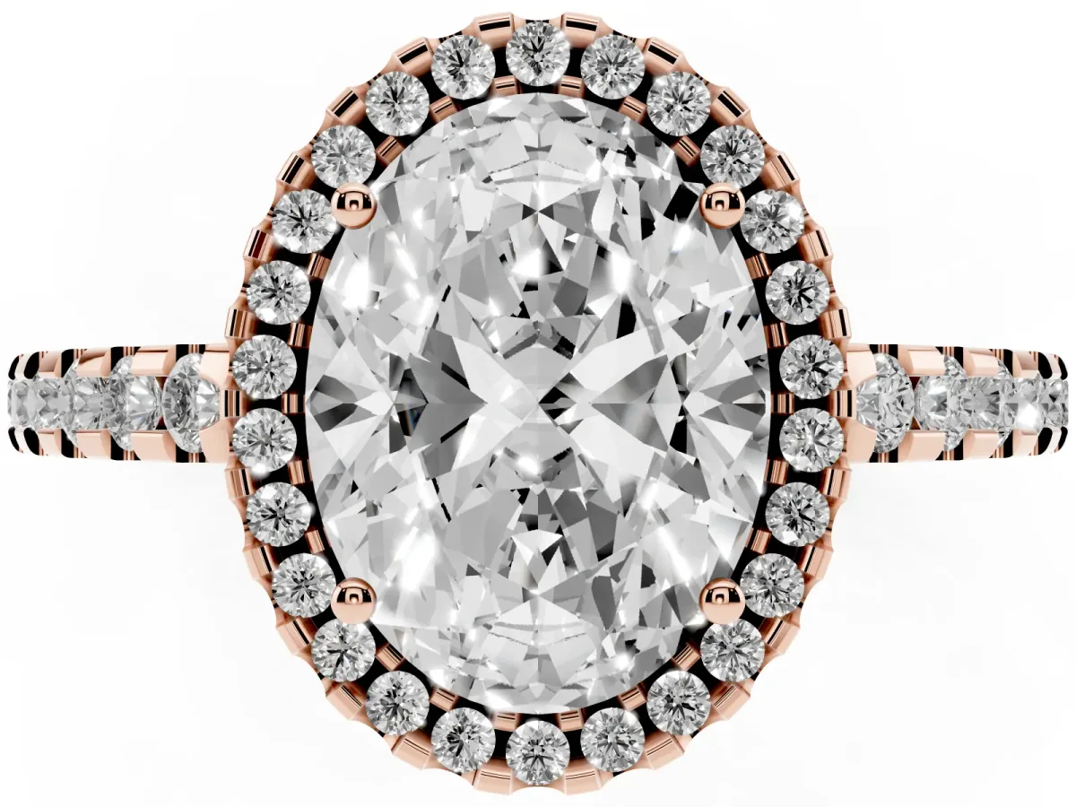 Oval Cut Diamond Halo Engagement Ring with Pavé Band and Prong Setting Rose gold