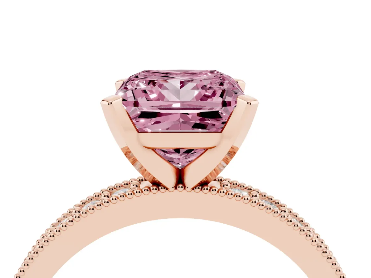 Fancy Pink Princess Cut Diamond Milgrain Pavé Engagement Ring with Four-Prong Setting Rose gold