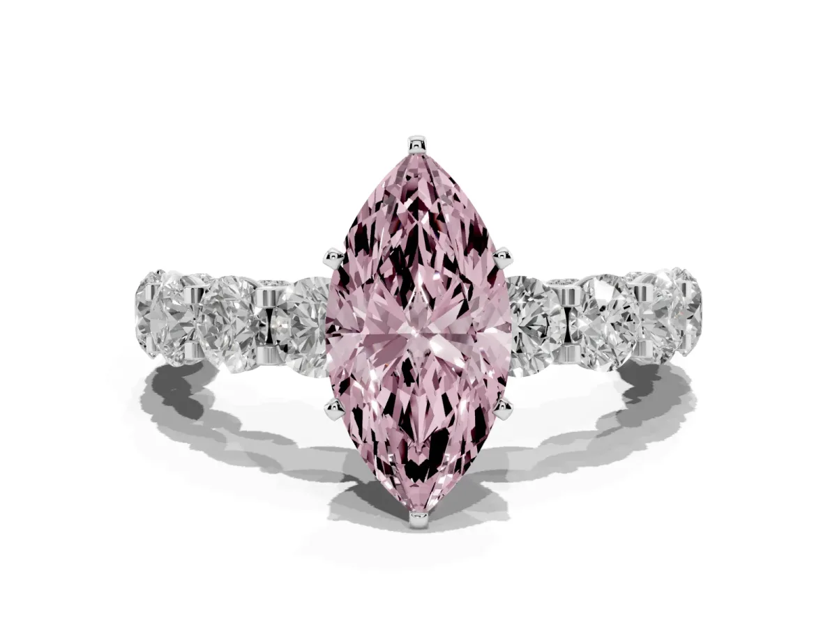 Fancy Pink Marquise Cut Diamond Side Stone Engagement Ring with Four-Prong Setting Silver