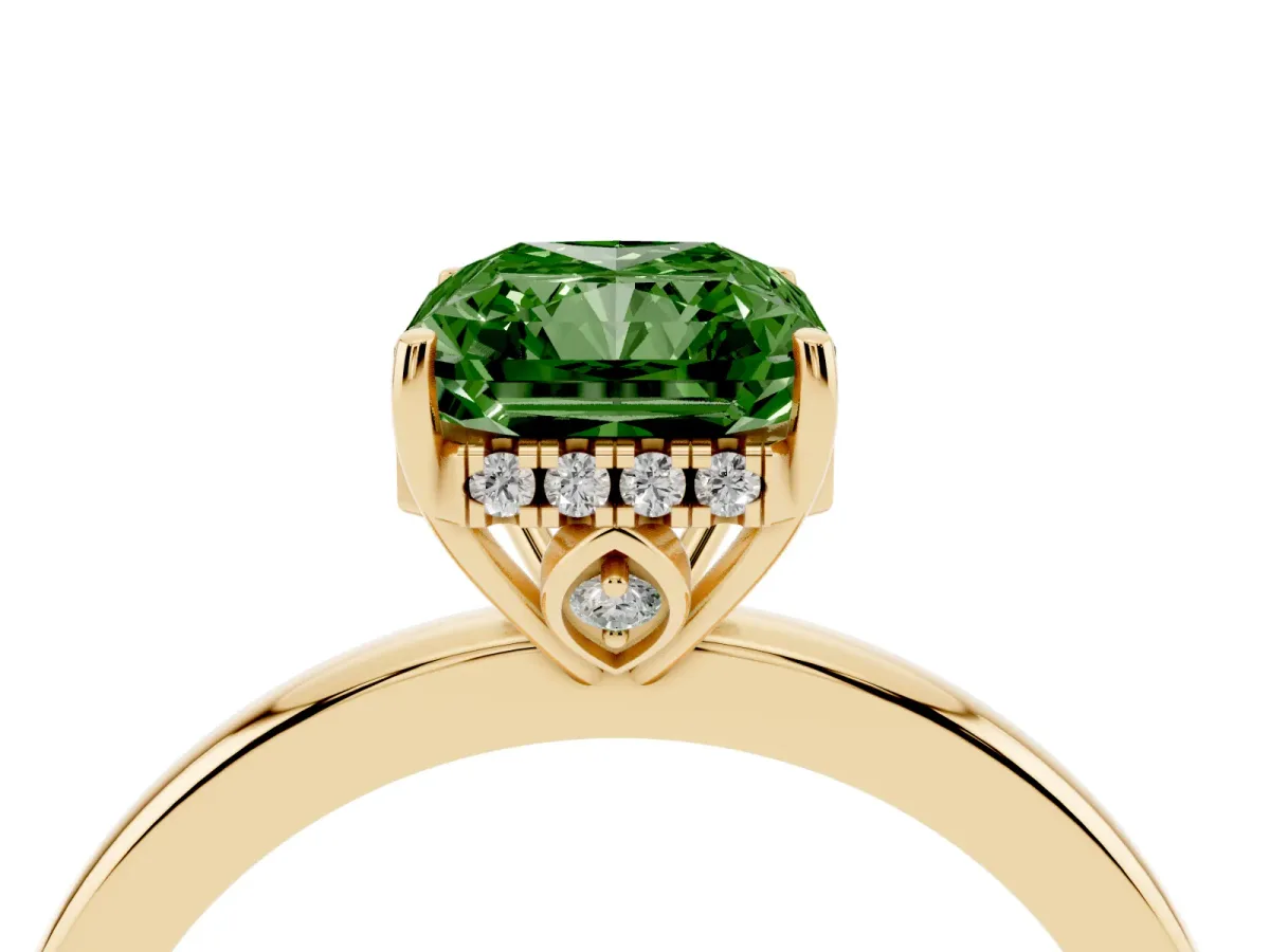 Fancy Green Radiant Cut Solitaire Diamond Ring with Prong Setting and Plain Band Yellow gold