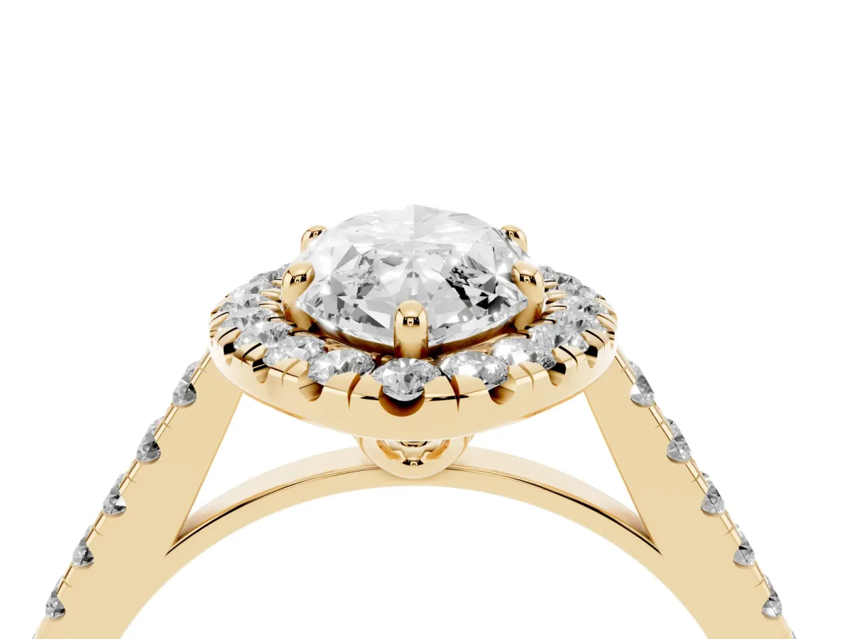 Marquise Cut Halo Pavé Diamond Engagement Ring with Four-Prong Setting Yellow gold