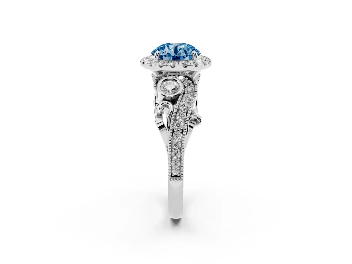 Fancy Blue Round Cut Diamond Halo Ring with Milgrain Pavé Band and Four-Prong Setting Platinum