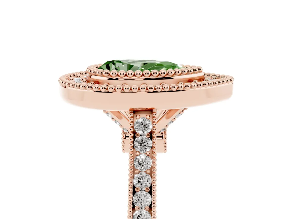 Fancy Green Pear Cut Diamond Halo Ring with Milgrain Frame and Pavé Band Rose gold