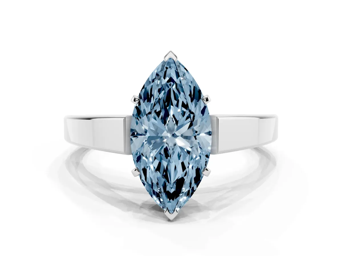 Fancy Blue Marquise Cut Solitaire Engagement Ring with Four-Prong Setting and Tapered Band Platinum