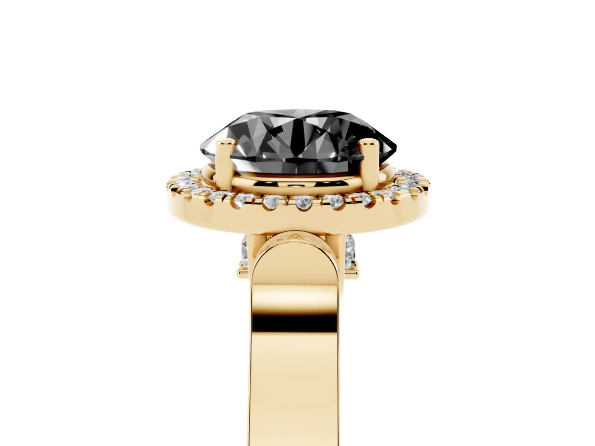 Fancy Black Round Cut Halo Round Diamond Twist Band with Four-Prong Setting Yellow gold