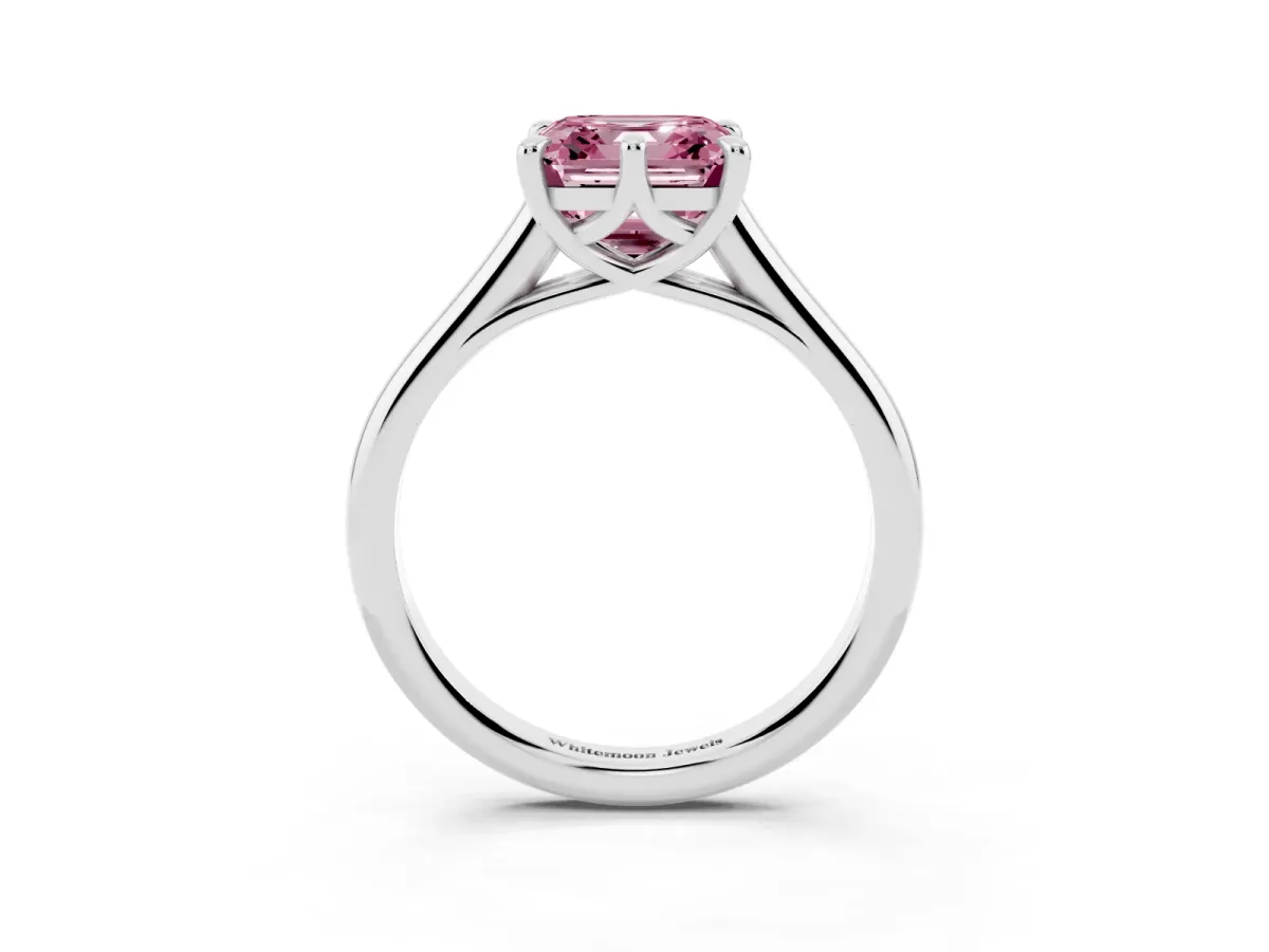 Fancy Pink Asscher Cut Solitaire Engagement Ring with Six-Prong Setting and Classic Band Platinum