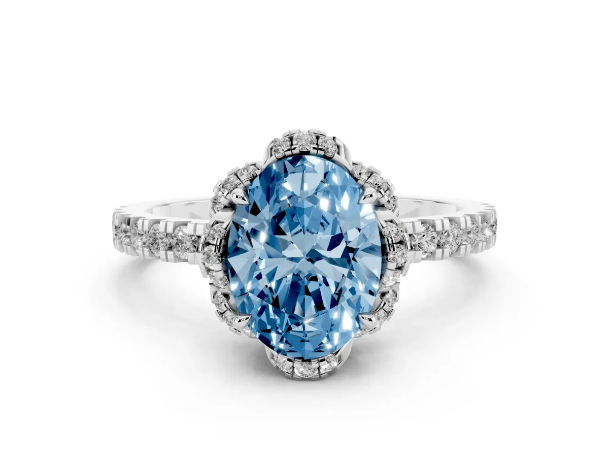 Fancy Blue Oval Cut Diamond Halo Pave Band with Four-Prong Setting Platinum