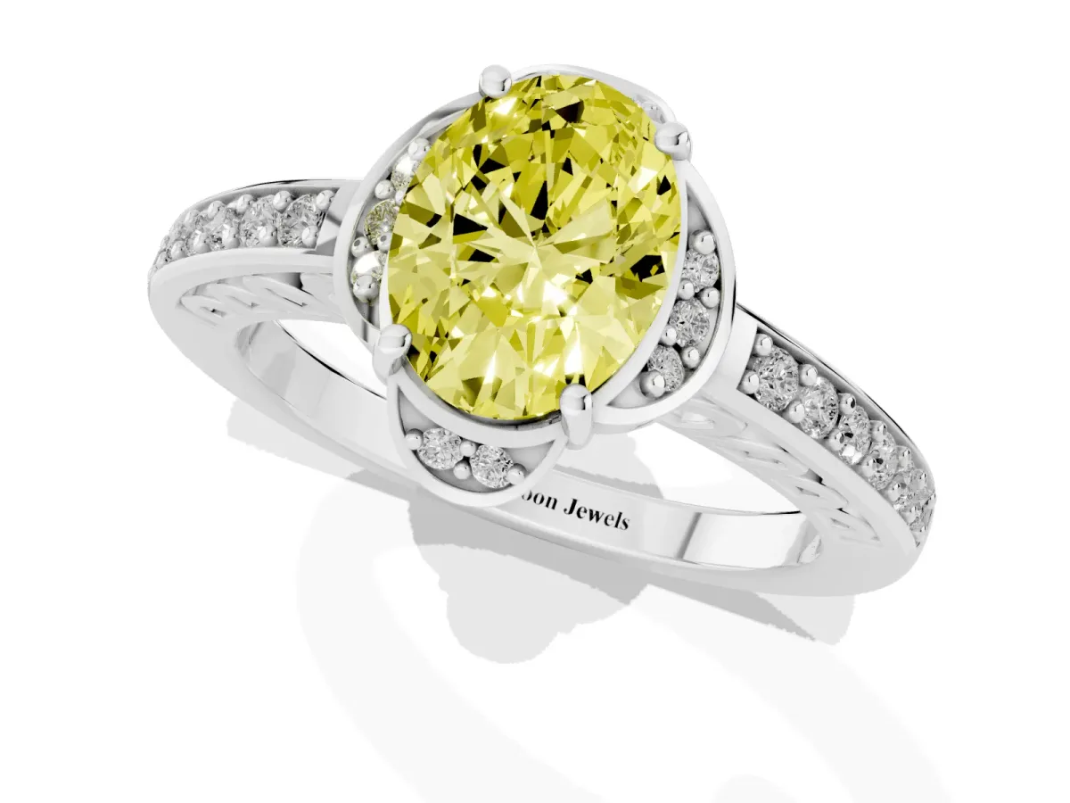 Fancy Yellow Oval Cut Cut Halo Diamond Ring with Channel Set Band and Four-Prong Setting Platinum